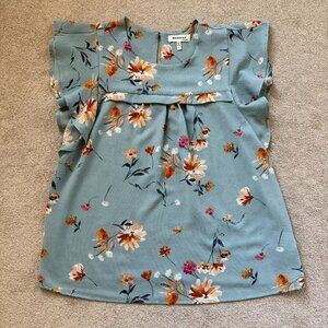 Monteau Los Angeles L Women's Boho Hippie Floral Flutter Summer Blue Casual Top